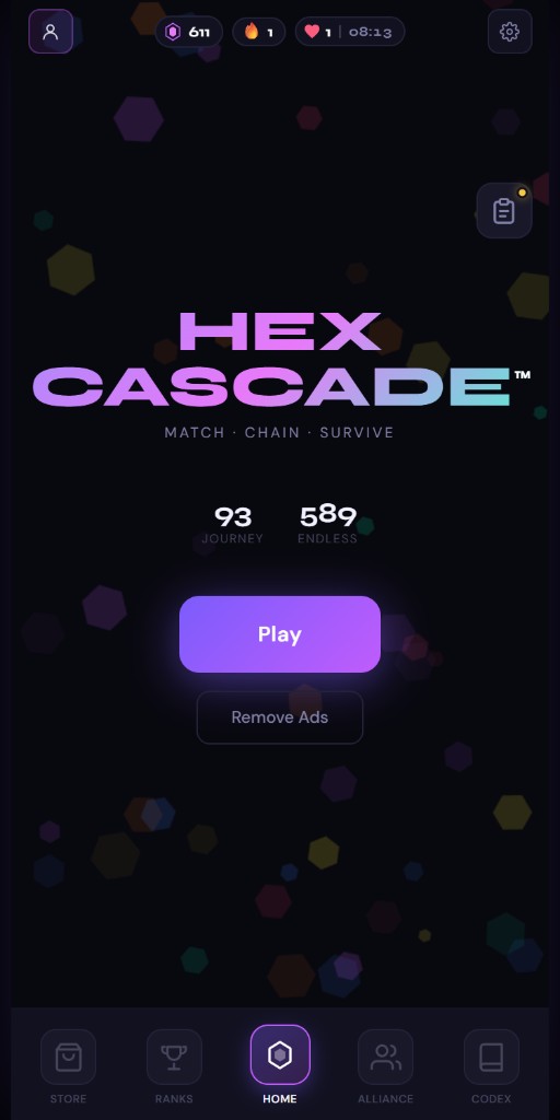 Hex Cascade home screen with Play button and Journey and Endless stats
