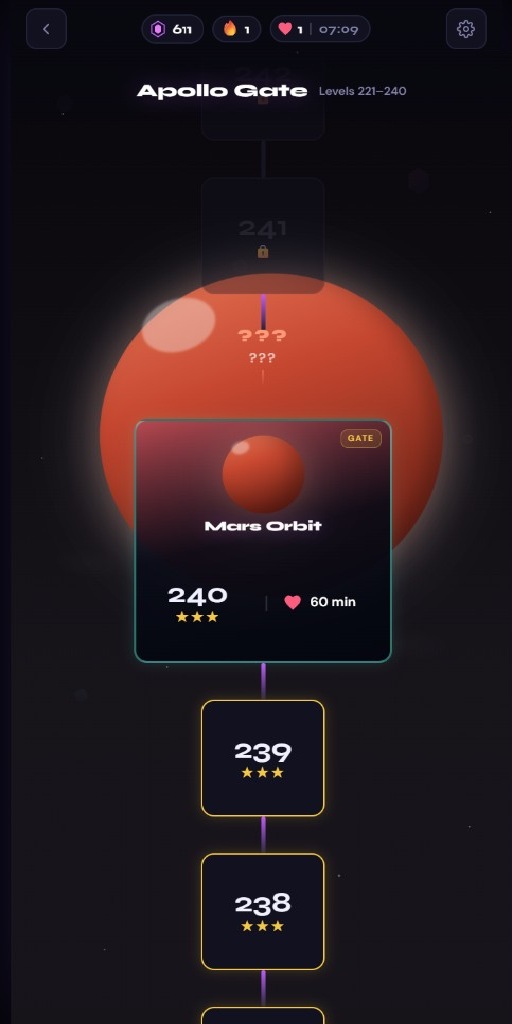High-level Journey path through space-themed levels