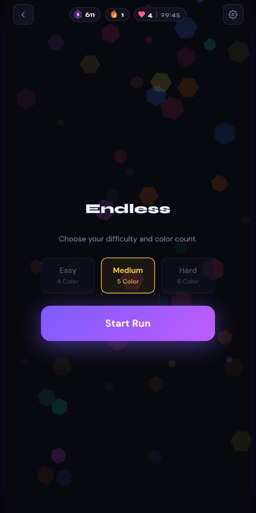 Endless difficulty selection with Easy, Medium, and Hard options