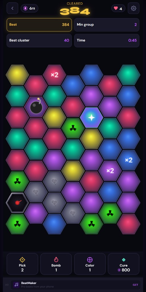 Endless mode gameplay with cleared score and special hexes on the board