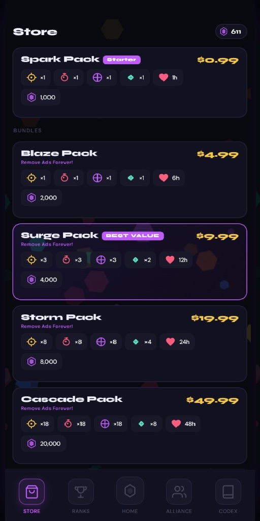 Store screen showing bundle packs with power-ups and shards