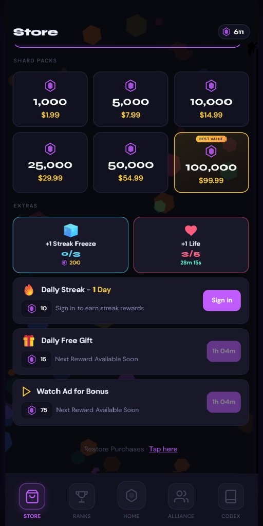 Store shard packs and daily free gift options
