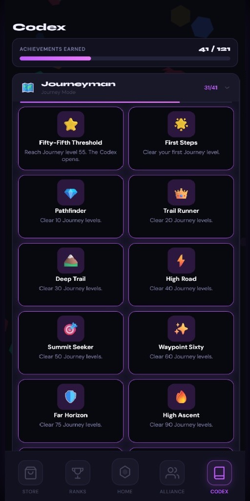 Codex achievements screen with Journeyman milestones