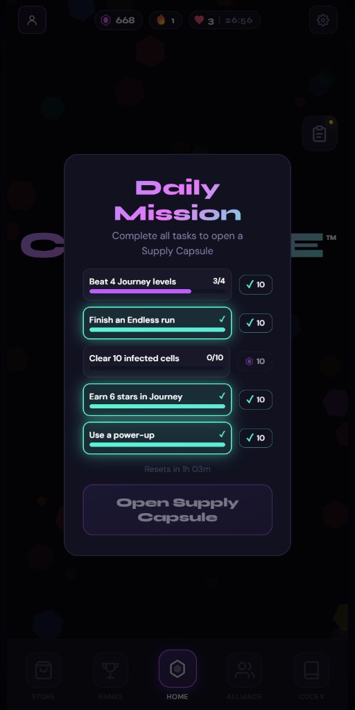 Daily Mission task list with progress and Supply Capsule reward
