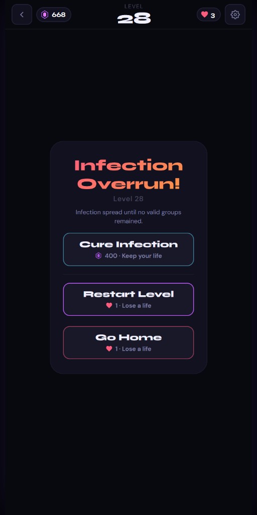 Infection Overrun fail screen with Cure, Restart, and Go Home options