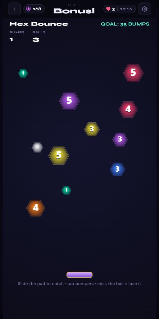 Hex Bounce bonus with numbered bumper hexes and a paddle