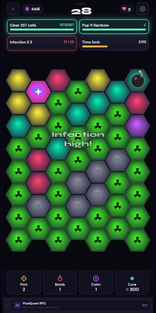 Board mostly filled with infected hexes and stone obstacles