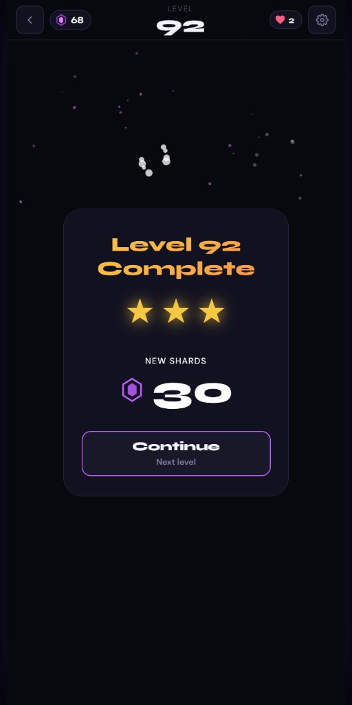 Level complete screen with three stars and shard reward