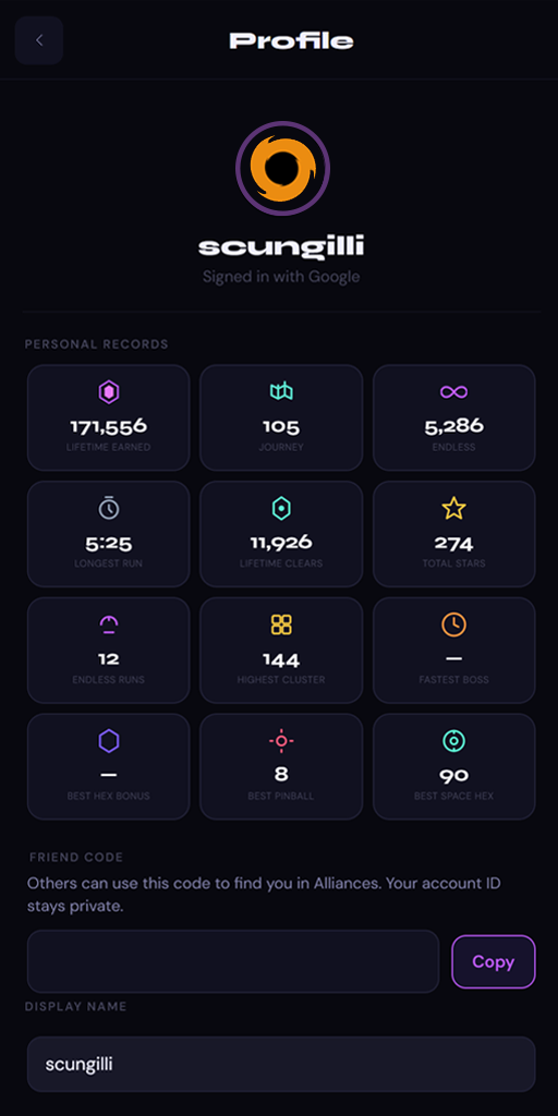Player profile with lifetime stats and friend code