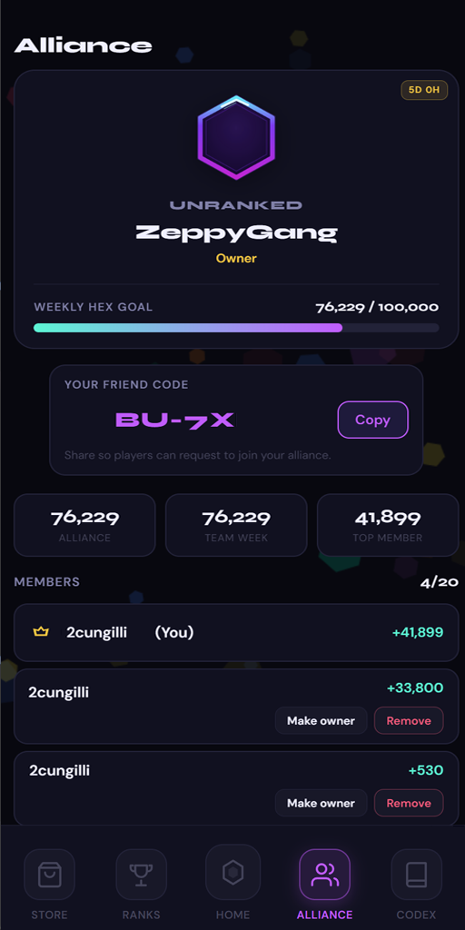 Alliance screen with weekly hex goal and members